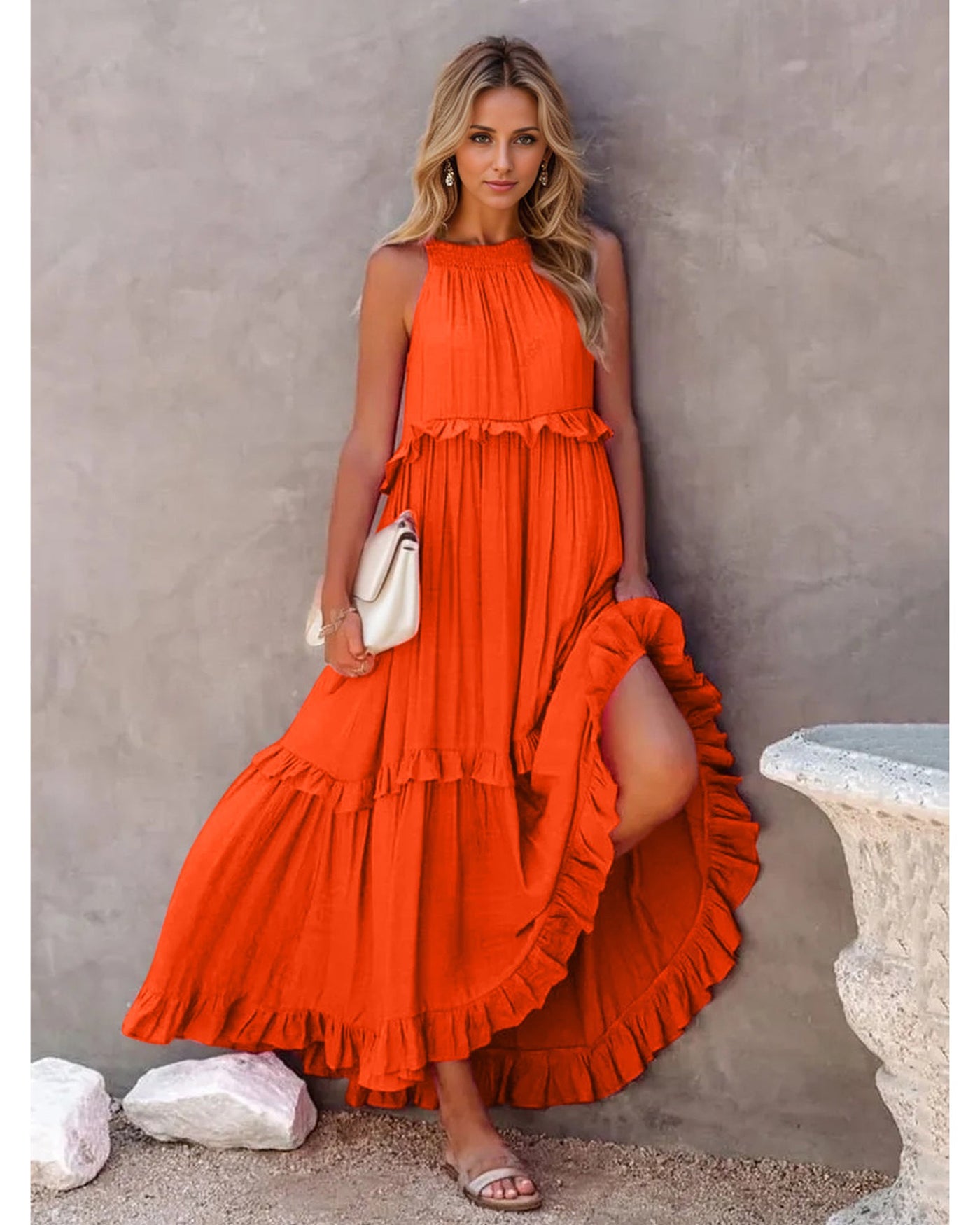 Ruffled Sleeveless Tiered Maxi Dress with Pockets