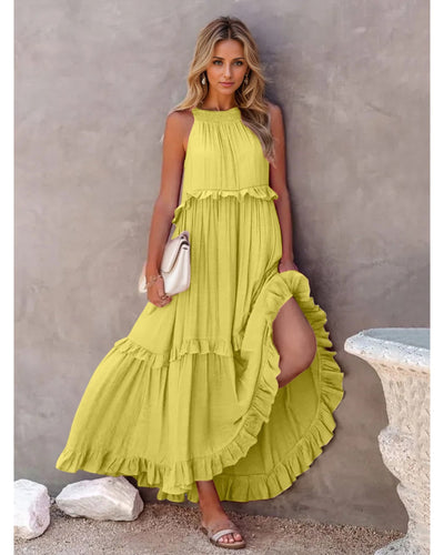 Ruffled Sleeveless Tiered Maxi Dress with Pockets