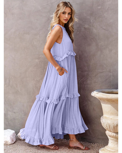 Ruffled Sleeveless Tiered Maxi Dress with Pockets