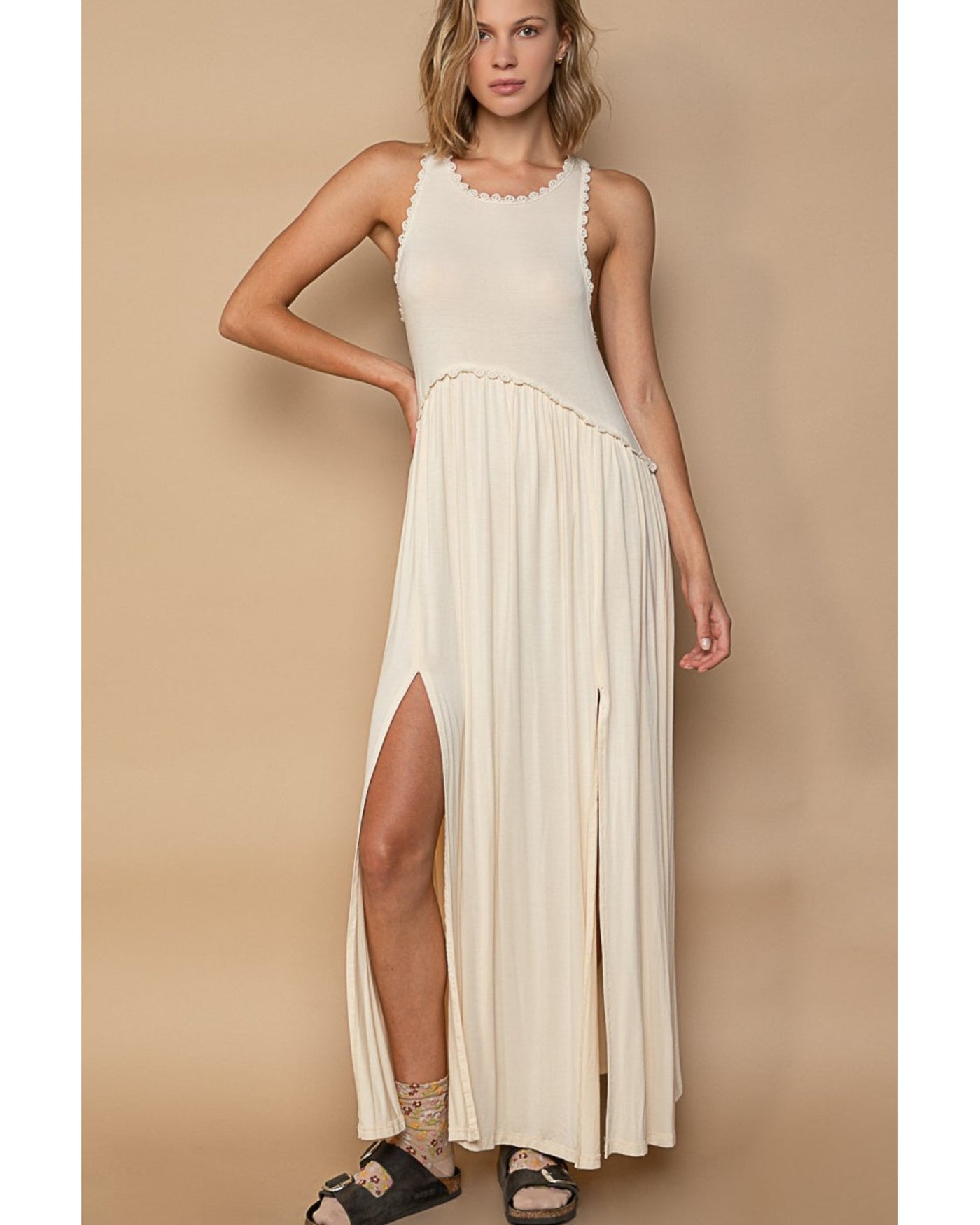 Sleeveless Back Zipper Front Slit Maxi Dress