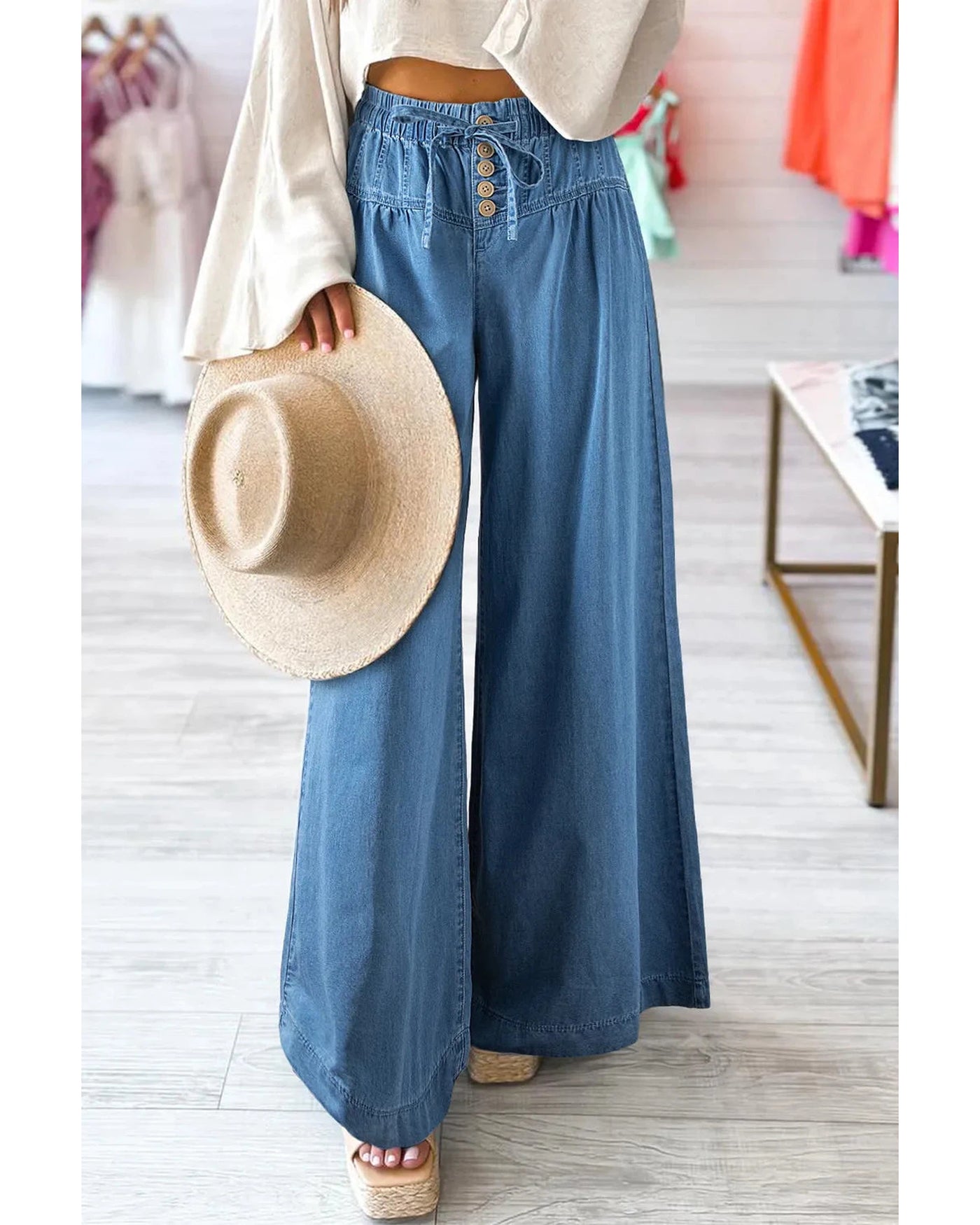 Drawstring Elastic Waist Wide Leg Jeans