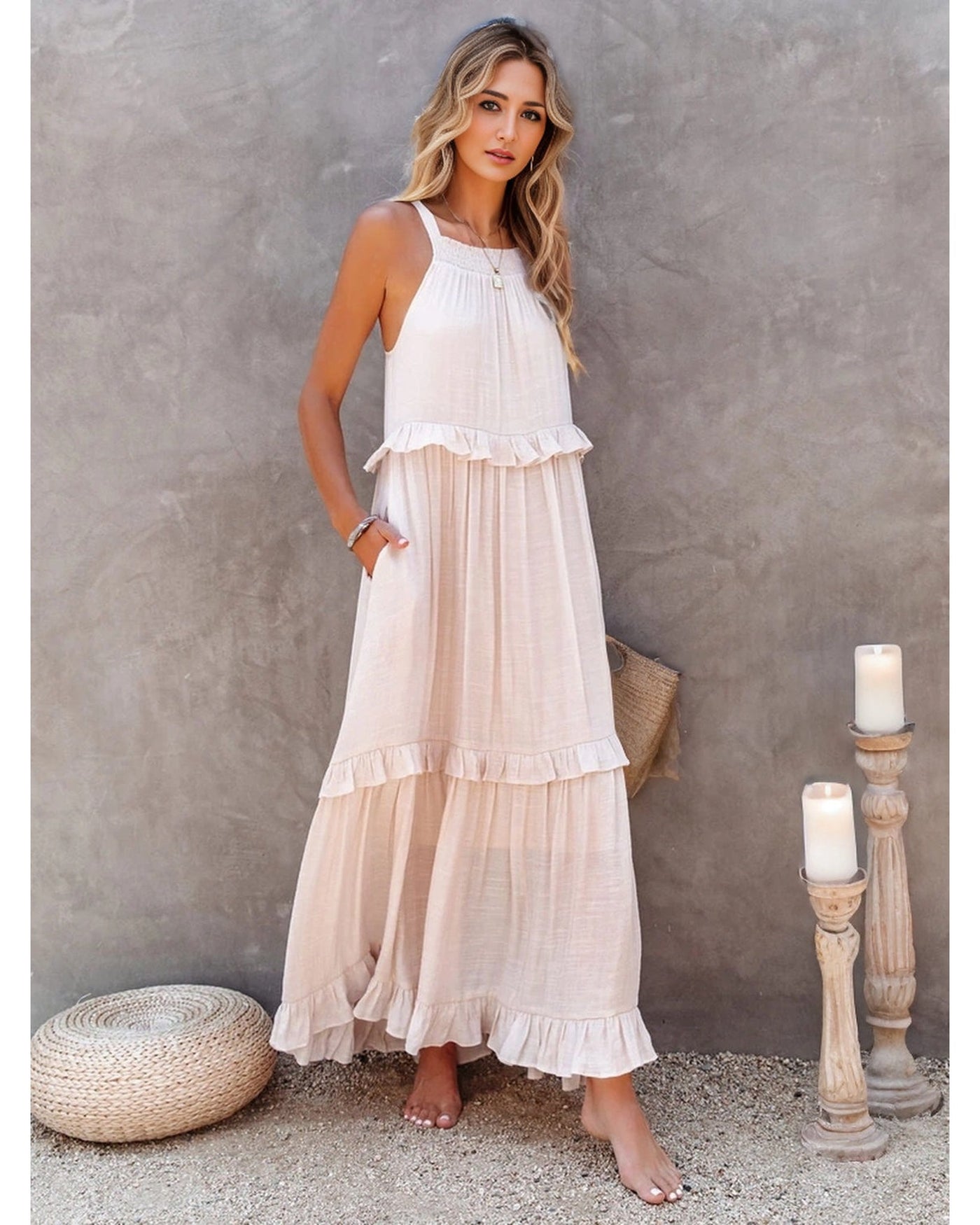 Ruffled Sleeveless Tiered Maxi Dress with Pockets