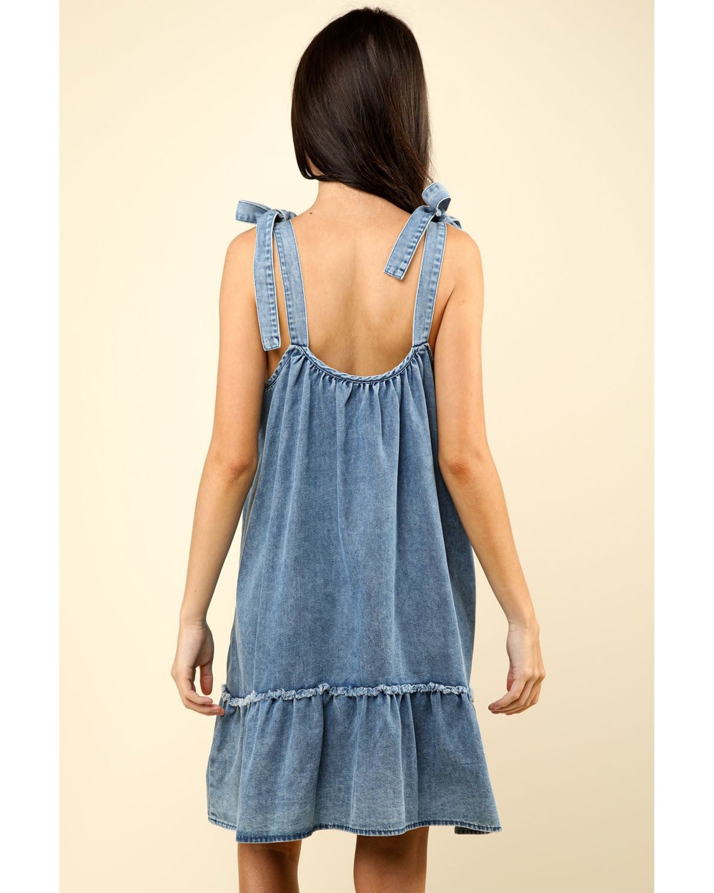 Shoulder Tie Washed Denim Mini Dress