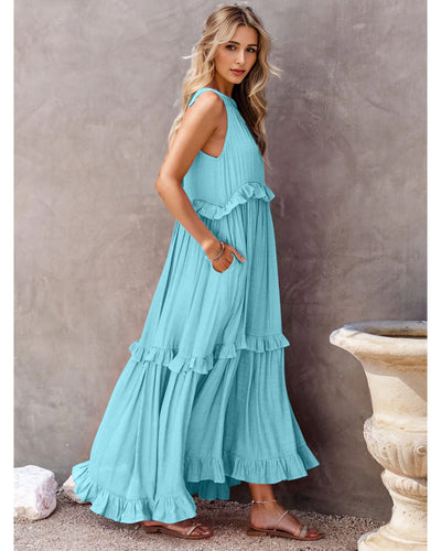 Ruffled Sleeveless Tiered Maxi Dress with Pockets