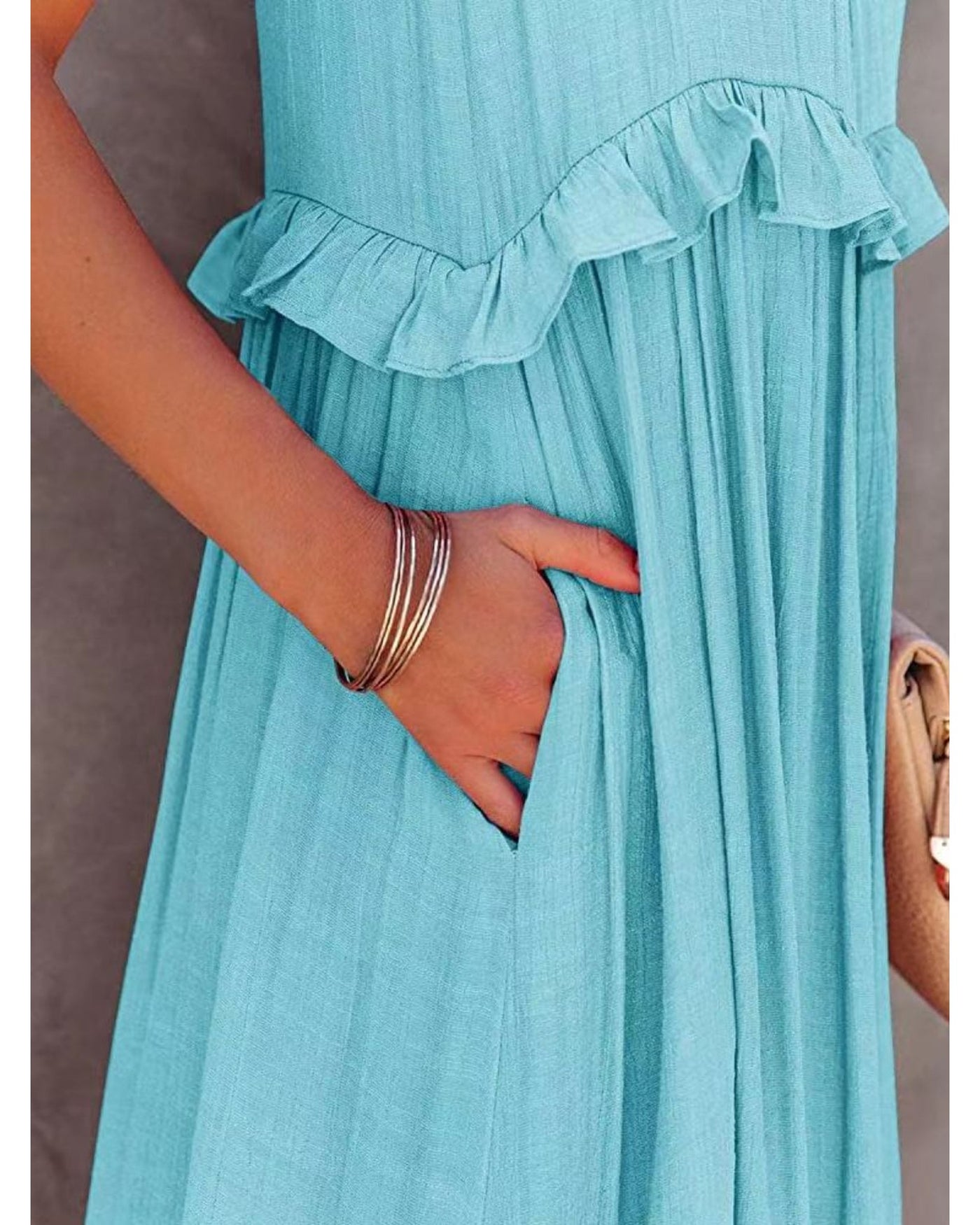 Ruffled Sleeveless Tiered Maxi Dress with Pockets