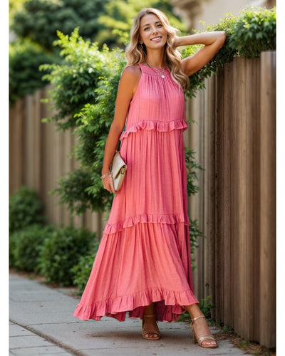 Ruffled Sleeveless Tiered Maxi Dress with Pockets