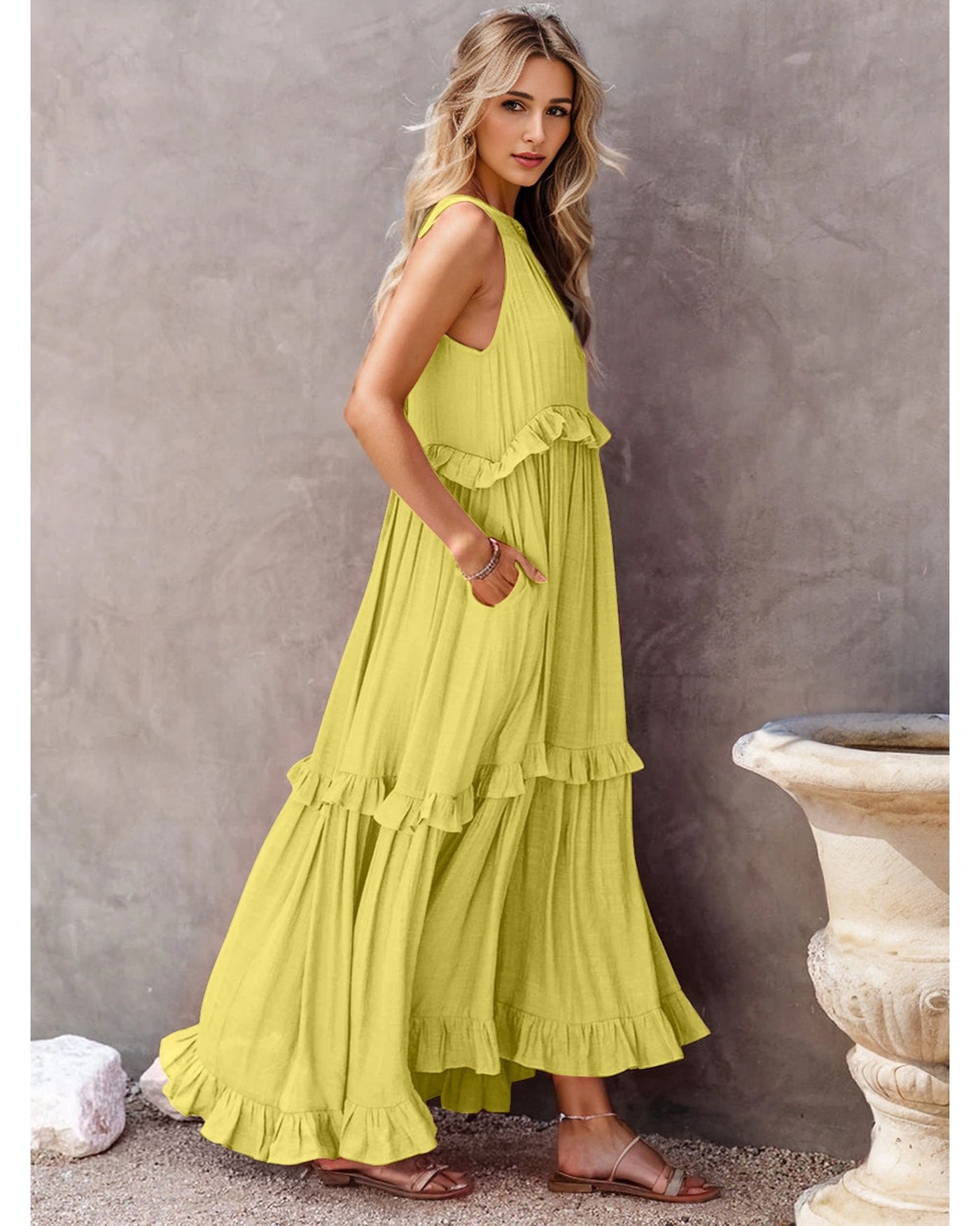 Ruffled Sleeveless Tiered Maxi Dress with Pockets