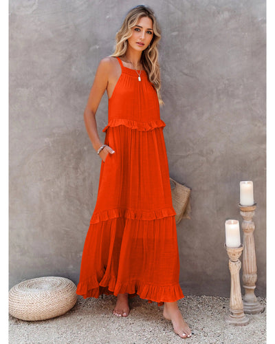 Ruffled Sleeveless Tiered Maxi Dress with Pockets