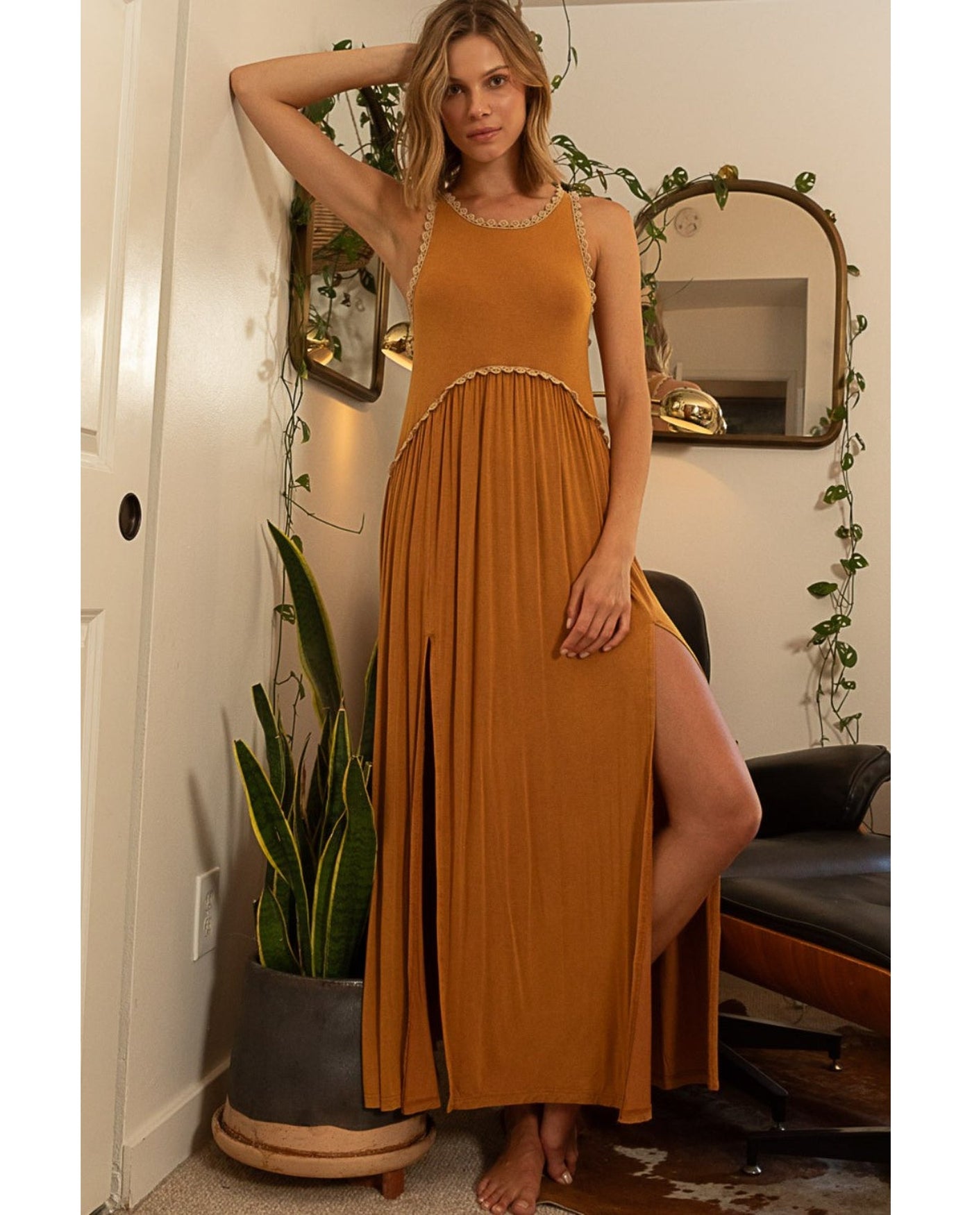 Sleeveless Back Zipper Front Slit Maxi Dress