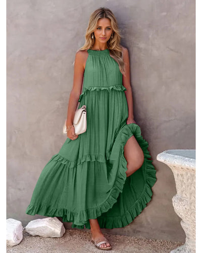 Ruffled Sleeveless Tiered Maxi Dress with Pockets