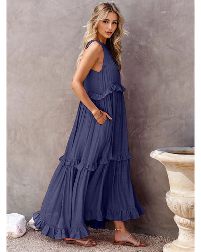 Ruffled Sleeveless Tiered Maxi Dress with Pockets