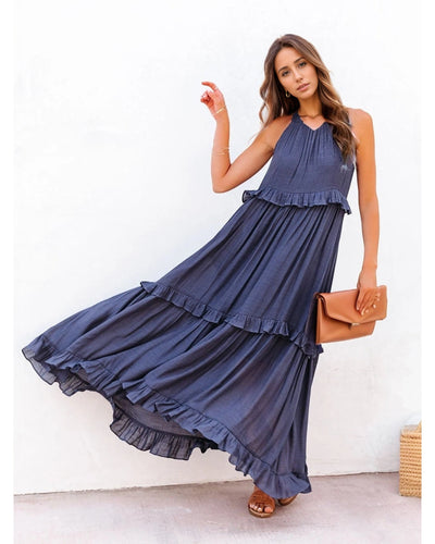 Ruffled Sleeveless Tiered Maxi Dress with Pockets