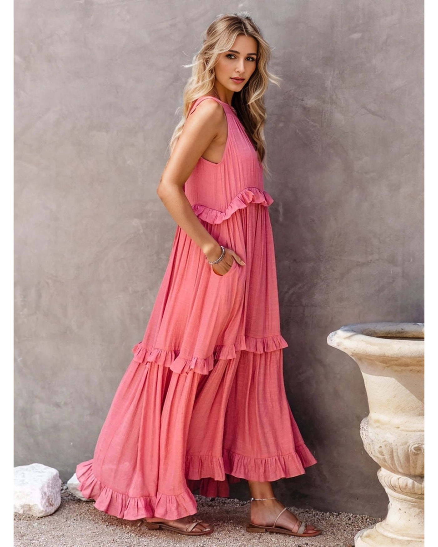 Ruffled Sleeveless Tiered Maxi Dress with Pockets