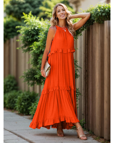 Ruffled Sleeveless Tiered Maxi Dress with Pockets