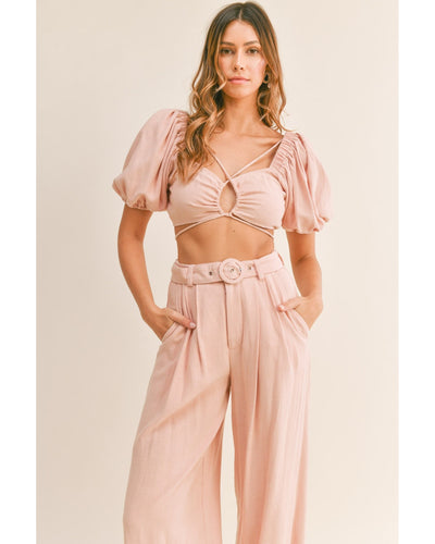 Cut Out Drawstring Crop Top and Belted Pants Set