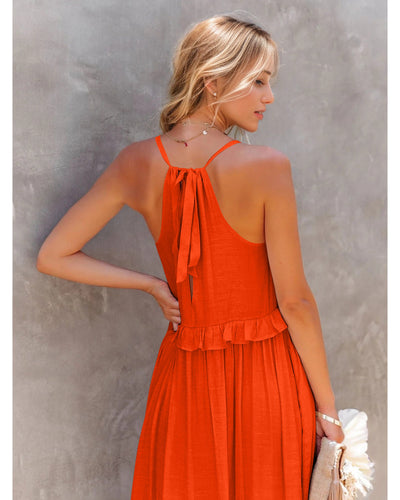 Ruffled Sleeveless Tiered Maxi Dress with Pockets