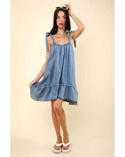 Shoulder Tie Washed Denim Mini Dress