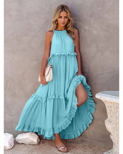 Ruffled Sleeveless Tiered Maxi Dress with Pockets