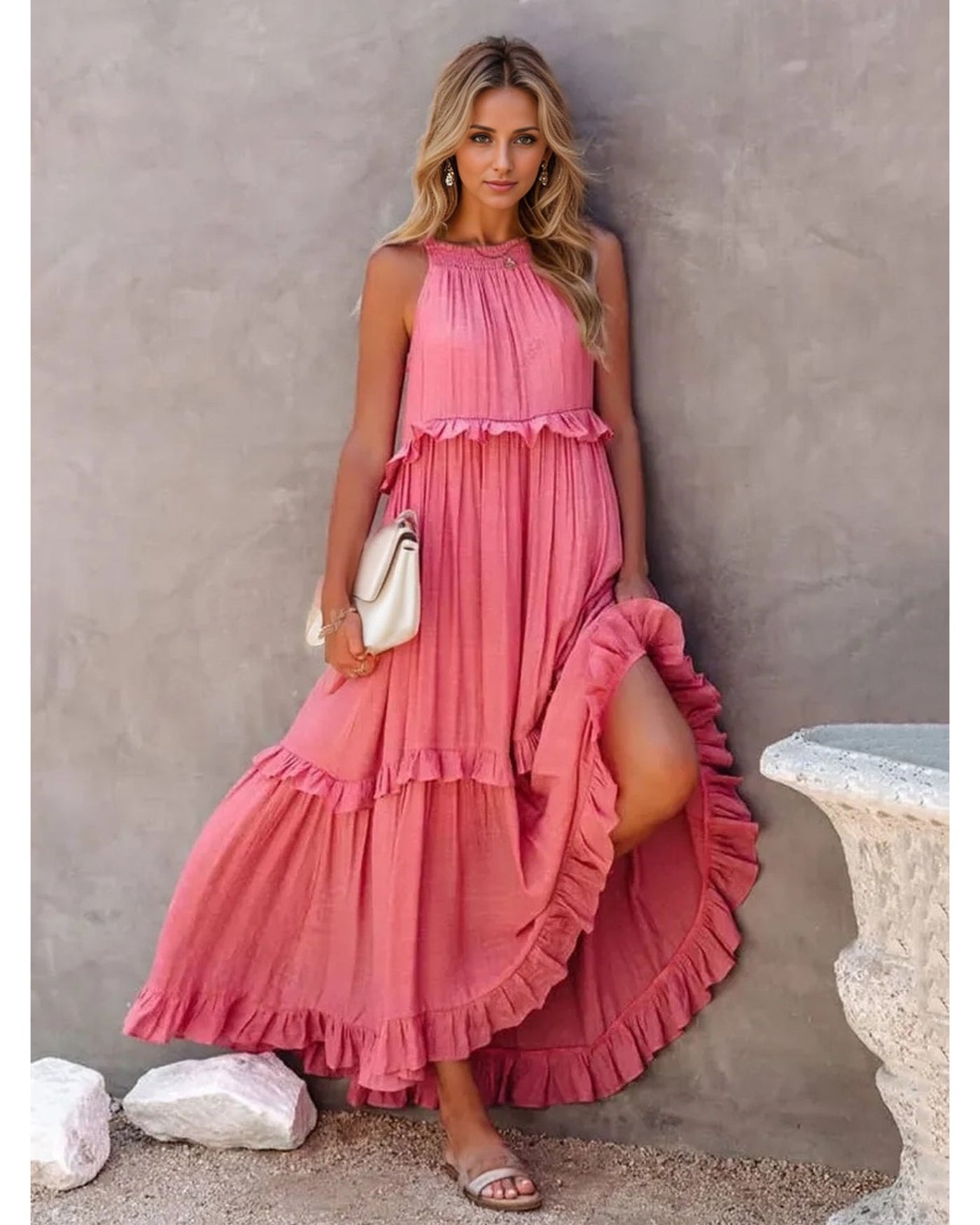 Ruffled Sleeveless Tiered Maxi Dress with Pockets