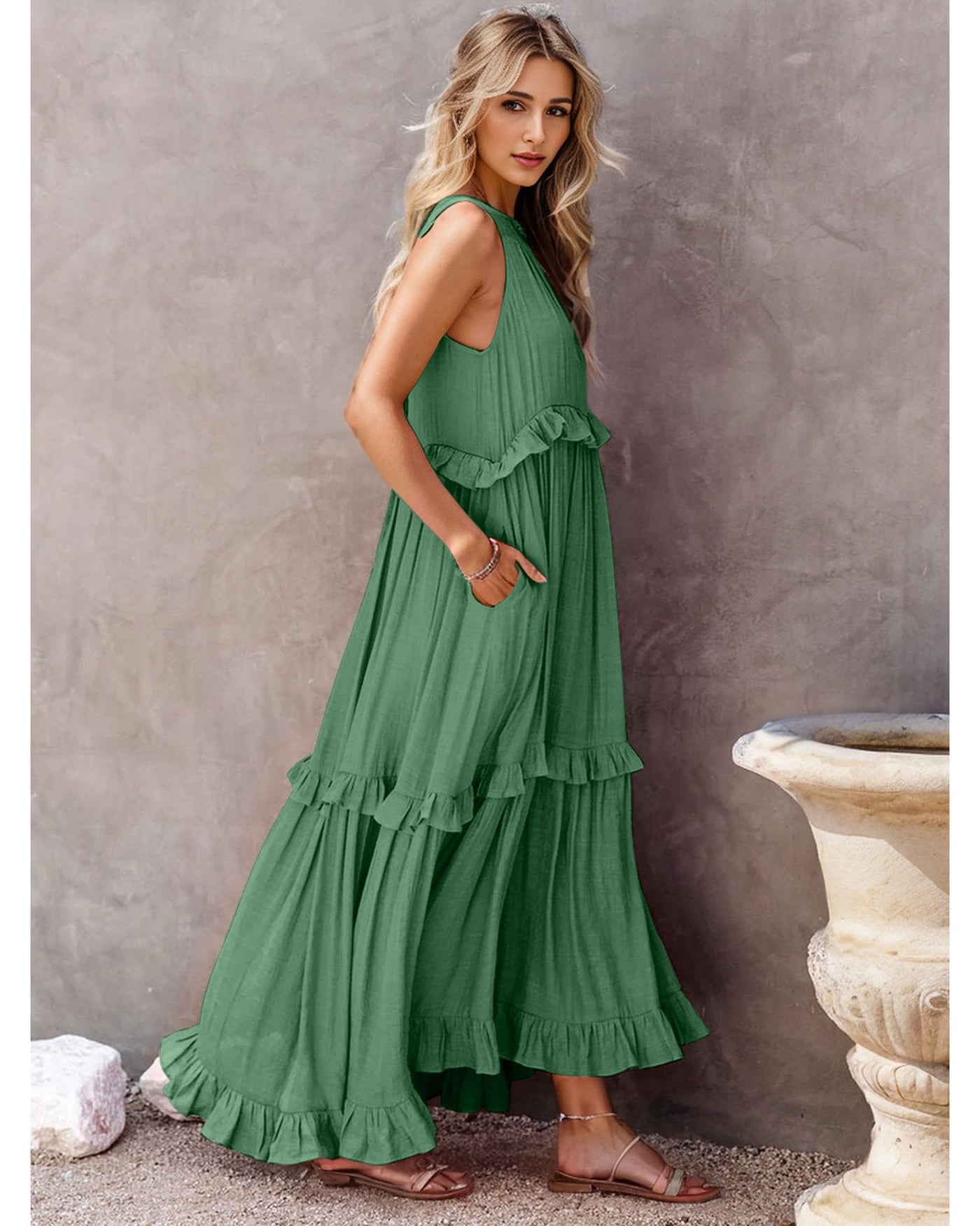 Ruffled Sleeveless Tiered Maxi Dress with Pockets