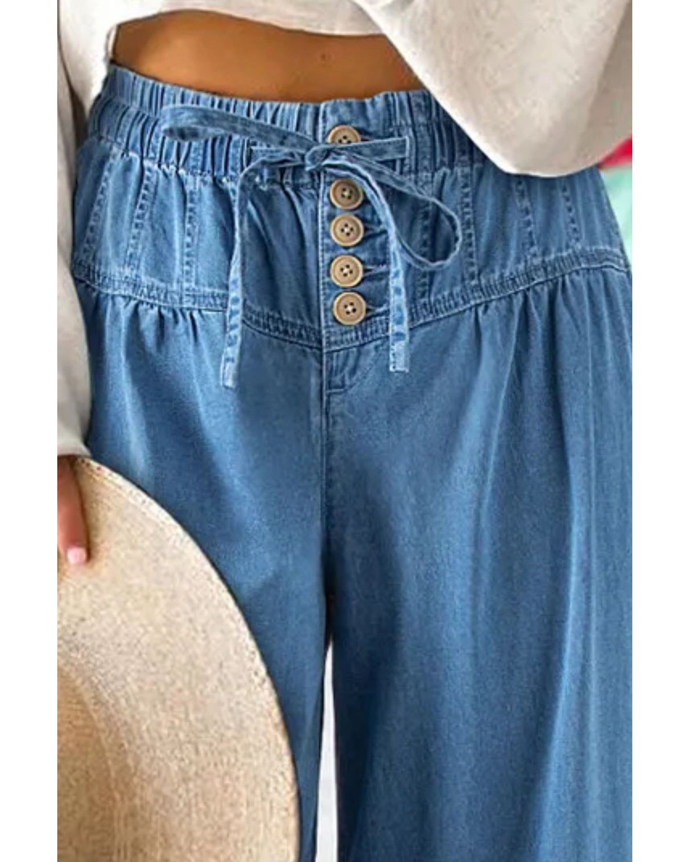 Drawstring Elastic Waist Wide Leg Jeans