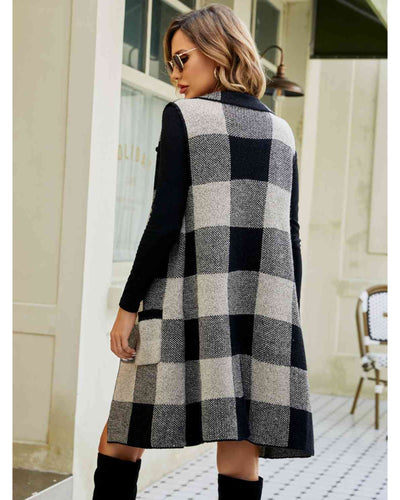 Plaid Lapel Collar Sleeveless Cardigan